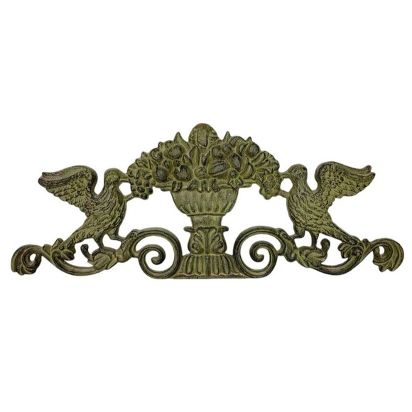 Antique Rustic Cast Iron Flowers Urn Birds Home Garden Door Gate Topper Pediment - Picture 1 of 6